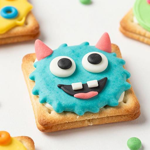 Photograph of a blue-frosted cookie with a monster face: large white eyes, black pupils, pink tongue, black mouth, and pink horns