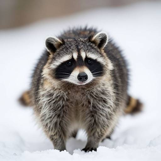 Photograph of a fluffy raccoon standing in snowy landscape, facing the camera, with dark mask-like facial markings and alert expression.