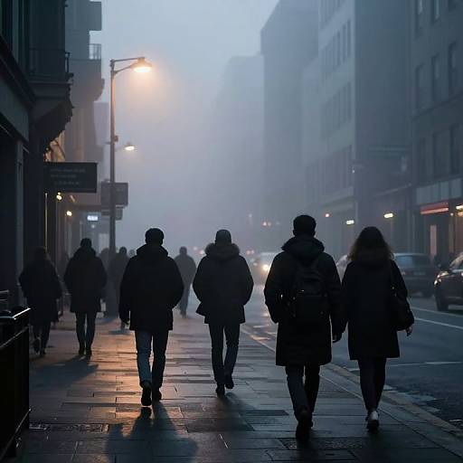 Photograph of a misty urban street at dusk, silhouetted people in winter coats walking, streetlights glowing, blurred cityscape background.