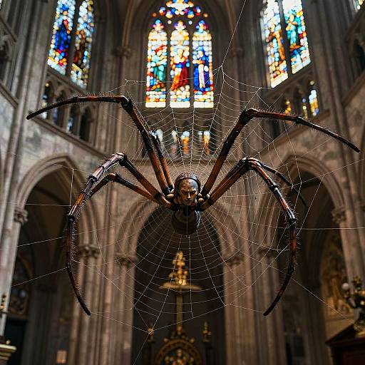 Surreal Half-Human Half-Spider Figure in Cathedral