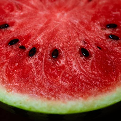 Close-up photograph of a juicy red watermelon slice with black seeds and a green rind, showcasing its vibrant colors and textured interior.