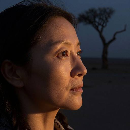 Photograph of a middle-aged woman with olive skin, brown eyes, and dark hair, illuminated by warm light against a twilight, treeless landscape.