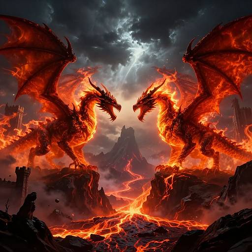 Digital fantasy artwork of two fierce, red-orange glowing dragons with black scales, facing each other amidst a volcanic landscape under a stormy moonlit sky.