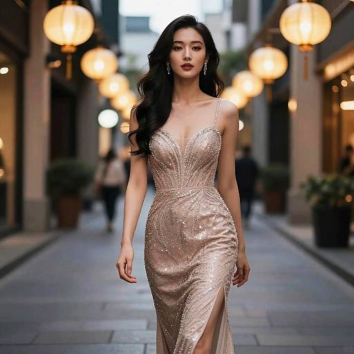 Elegant Asian Woman in Evening Gown