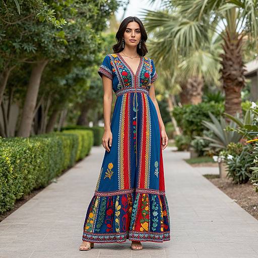Photograph of a dark-haired woman in a vibrant blue, embroidered, V-neck dress standing on a garden pathway with lush greenery.