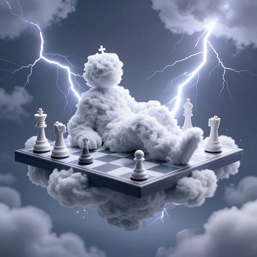Whimsical Cloud Cloaked Figure on Chessboard