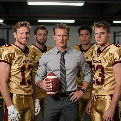 American Football Coach with Team in Gym