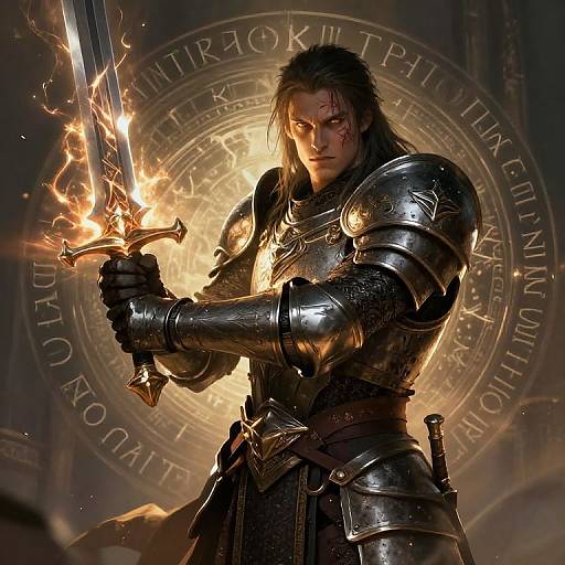 CGI image of a fierce, armored warrior with long black hair, holding a flaming sword, standing against a glowing circular emblem. Dark, dramatic lighting