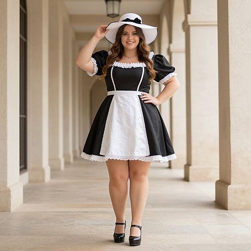 Photograph of a smiling woman in a black and white French maid dress, white apron, black hat, and black heels, standing in a sun