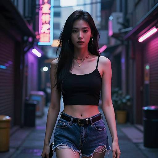 Photograph of an Asian woman with long black hair, wearing a black crop top and ripped denim shorts, walking in a neon-lit, narrow alley