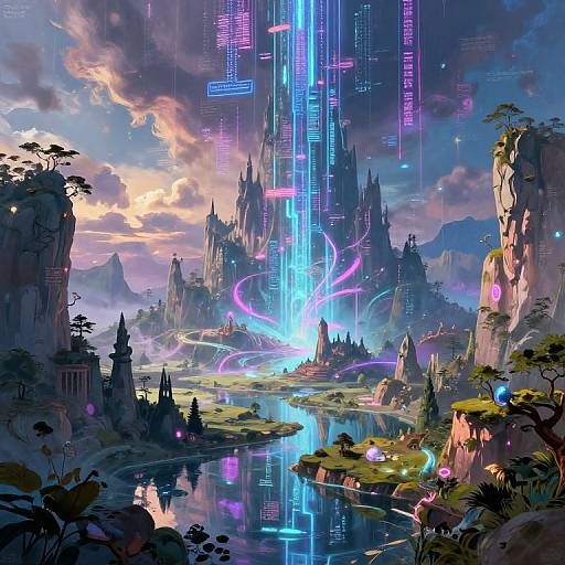 Digital fantasy landscape: glowing neon skyscrapers descend over a serene, reflective river, surrounded by lush greenery, rocky cliffs, and colorful, eth