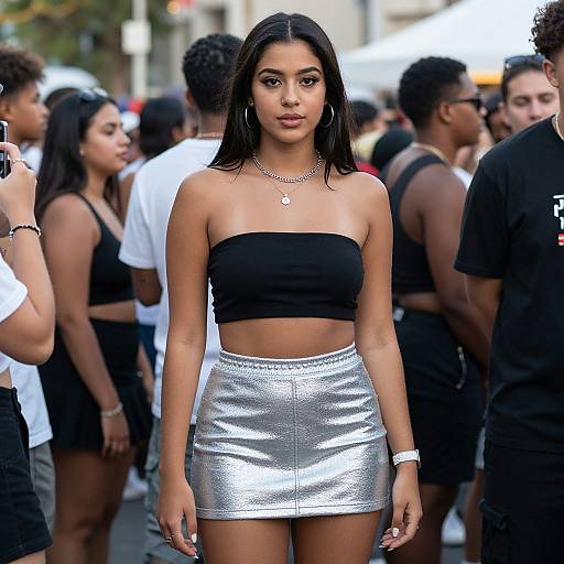 Photograph of a young woman with long black hair, wearing a black strapless top and silver sequin mini skirt, standing confidently in a crowded urban