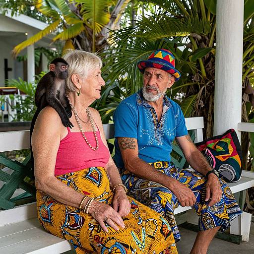 Photograph of an elderly white couple with colorful African-patterned clothing and hats, sitting on a white bench amid lush tropical plants.