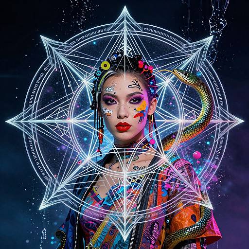 Digital artwork of a vibrant, tattooed woman with red lipstick and colorful hair, surrounded by glowing, geometric star patterns, with a snake coiling around