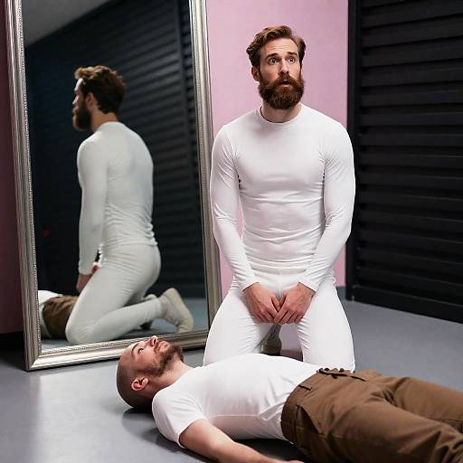 Man in white suit kneeling beside man lying on floor