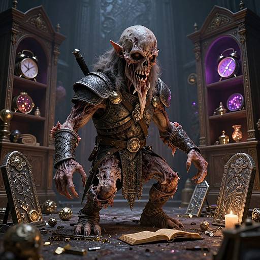 Digital art: Dark, twisted orc with glowing eyes, sharp teeth, and tattered armor crouches in a dimly lit, mystical, clutter