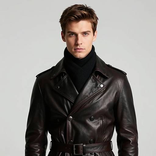 Photograph of a handsome, young Caucasian man with short brown hair, wearing a black leather jacket and high-neck black shirt, against a white background.