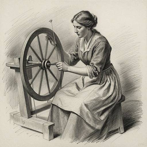 Black-and-white illustration of a young woman in a long dress operating a spinning wheel, focusing intently on the task.