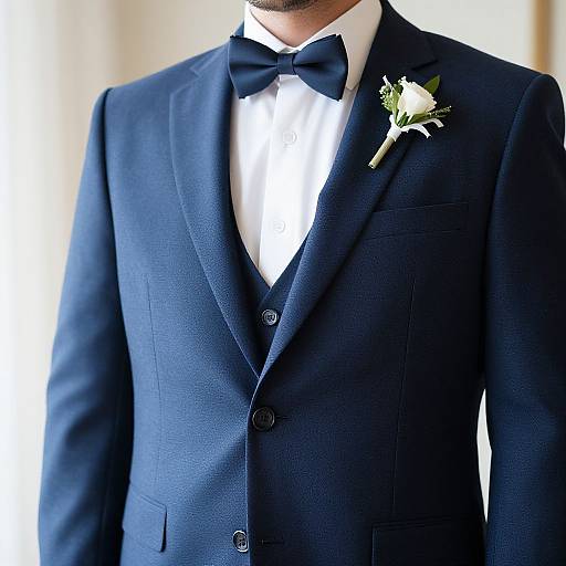 Photograph of a man in a dark blue, three-piece suit with a white shirt, black bow tie, and white rose boutonnière.