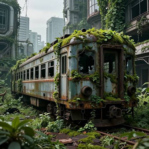 Photograph-style CGI of a rusted, overgrown train in a lush, abandoned urban jungle with greenery covering the metal and large, ivy