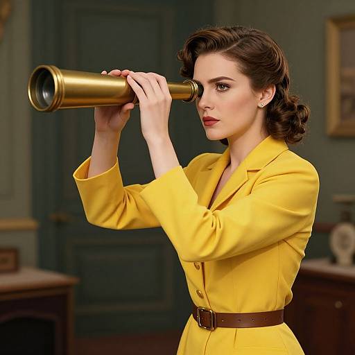 Photograph-style digital illustration of a 1940s-styled woman in a bright yellow suit, holding a gold spyglass, looking intently.