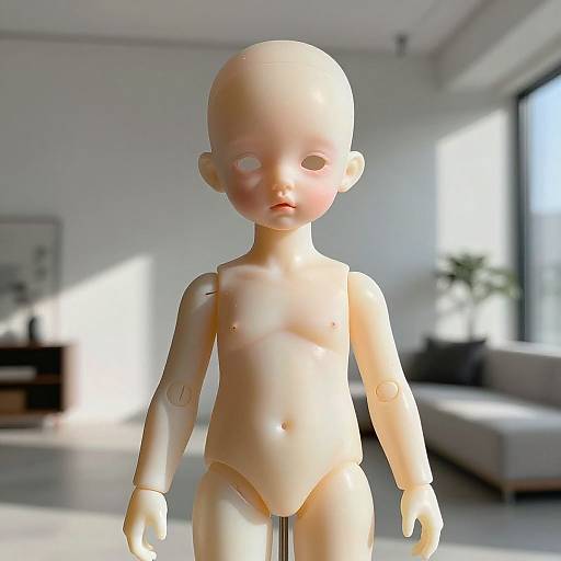Photograph of a realistic, nude, bald child mannequin with pale skin, standing in a bright, modern living room with blurred furniture.