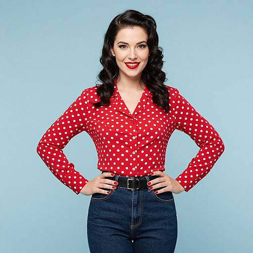 Photograph of a smiling woman with fair skin, dark wavy hair, red polka dot blouse, black belt, and dark jeans, standing against