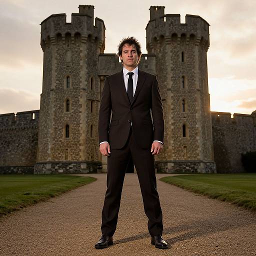 Photograph of a serious man in a black suit and tie standing in front of a medieval stone castle at sunset.