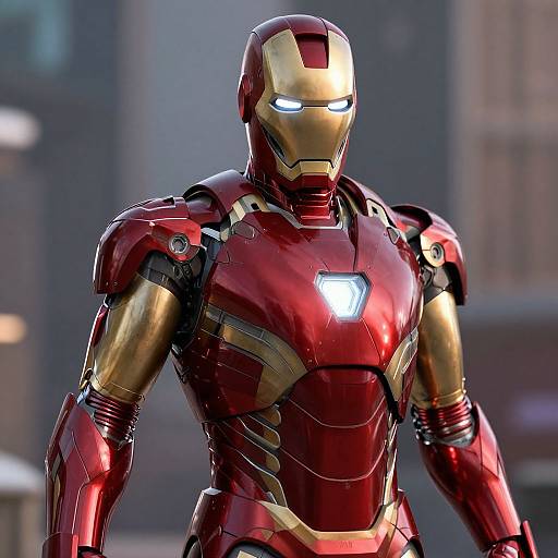 Photorealistic CGI of Iron Man in his red and gold armored suit, glowing white eyes, standing in a blurred urban background.
