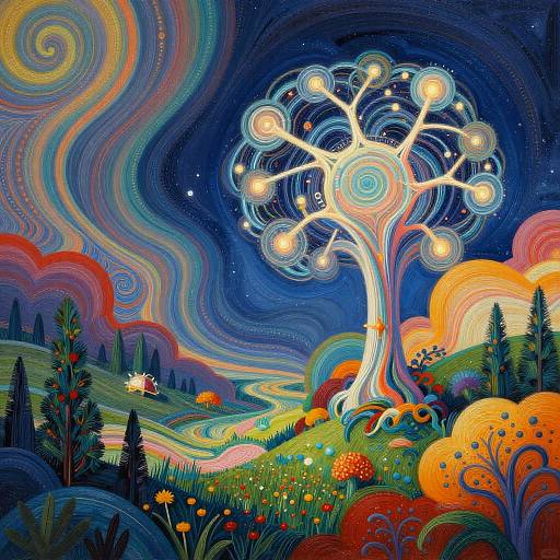 Vibrant digital painting of a glowing, circular-leafed tree under swirling, multicolored sky, with a red house, hills, and