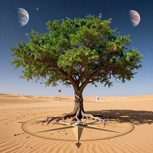 Photorealistic CGI: solitary tree with lush green foliage, rooted in circular desert sand pattern, under vivid blue sky with two large planets, small cres