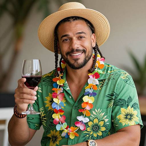 Photograph of a smiling Black man with braided hair, wearing a straw hat, green floral shirt, and colorful lei, holding a glass of red