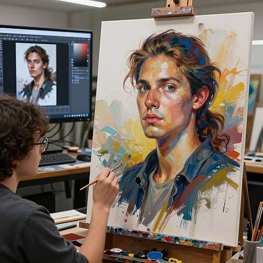 Photograph of an artist painting a detailed, colorful portrait of a young man with blue eyes and wavy brown hair on an easel in a modern