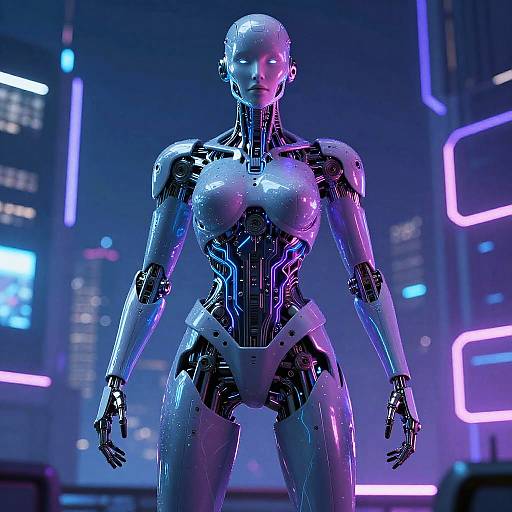 CGI image of a futuristic, metallic, humanoid female robot with glowing blue and pink neon lights, standing in a cyberpunk cityscape at night.