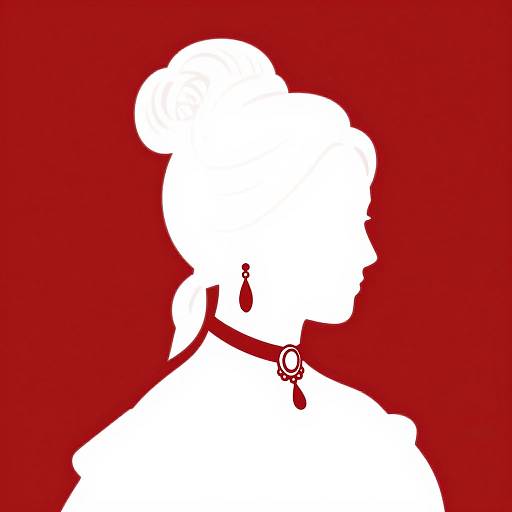 Silhouette of an elegant woman with a bun, dangling earring, and choker, set against a solid red background. Digital art.