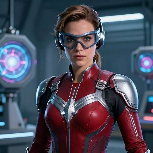 Photograph of a determined woman in a red and silver futuristic superhero suit with blue visor, standing in a high-tech lab.