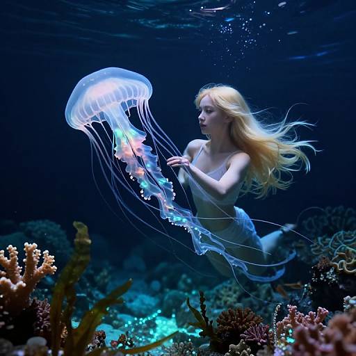 Photograph of a blonde mermaid-like woman with translucent, glowing blue jellyfish underwater, surrounded by colorful coral reefs in a deep blue ocean.