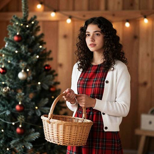 Young Woman Holding Wicker Basket by Christmas Tree