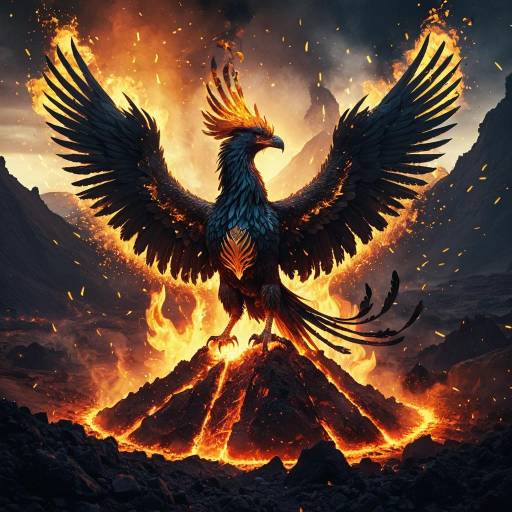 Mystical Phoenix Rising from Volcanic Crater