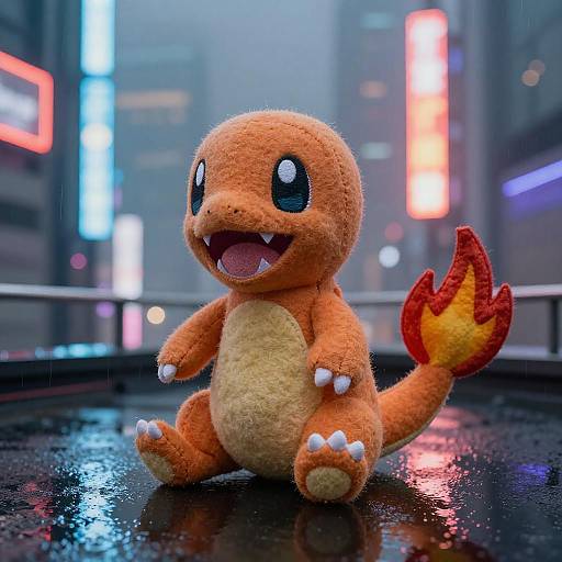 Cinematic Plush Charmander on Rooftop