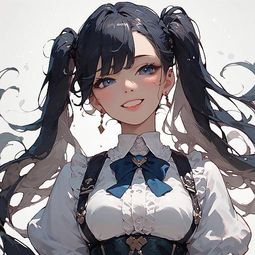 Digital anime-style drawing of a cute, smiling girl with long black twin-tails, blue eyes, wearing a white blouse with a blue bow and black