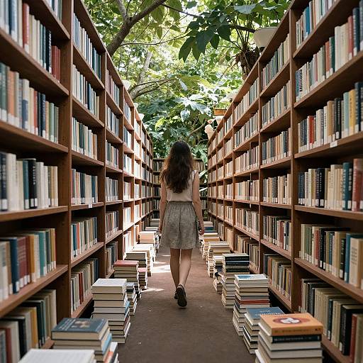 Photograph of a woman with long dark hair in a white dress, walking down a sunlit library aisle between tall wooden bookshelves filled with colorful