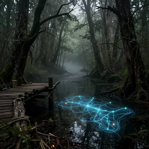 Mysterious, foggy forest scene with a wooden dock on the left, illuminated blue neon light trails glowing on the dark, reflective water. Photograph.