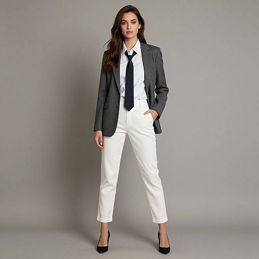 Photograph of a confident woman with long dark hair, wearing a black blazer, white shirt, black tie, white pants, and black heels,