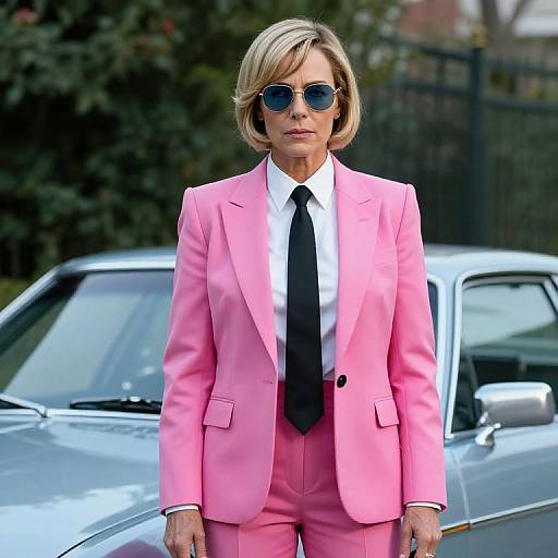 Photograph of a blonde woman in a pink suit, white shirt, black tie, and blue sunglasses, standing in front of a silver car.