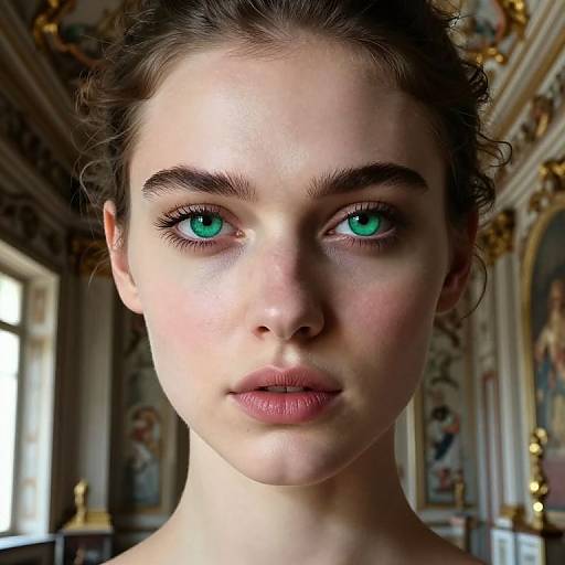 Photorealistic portrait of a young woman with striking green eyes, fair skin, and dark brown curly hair, standing in an ornately decorated, classical