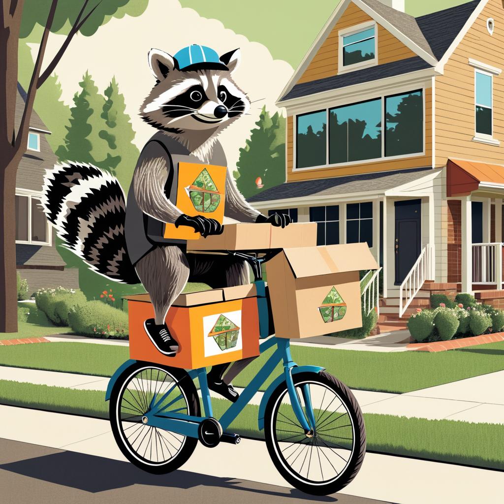 Raccoon Riding Bicycle with Pizza Box