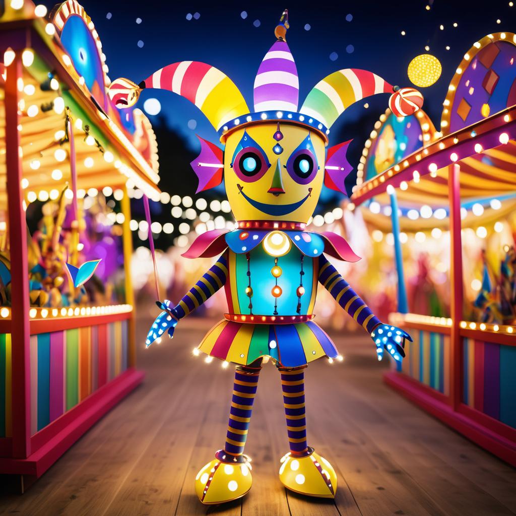 Whimsical Robot Jester at Carnival Lights