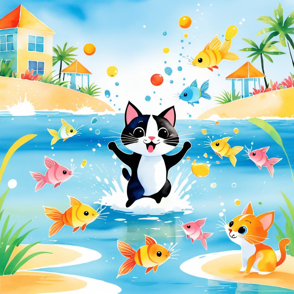 Playful Cat Juggling Fish on Beach