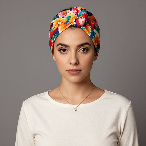Photograph of a young woman with medium skin, wearing a colorful floral headscarf, white shirt, and gold necklace, against a gray background.
